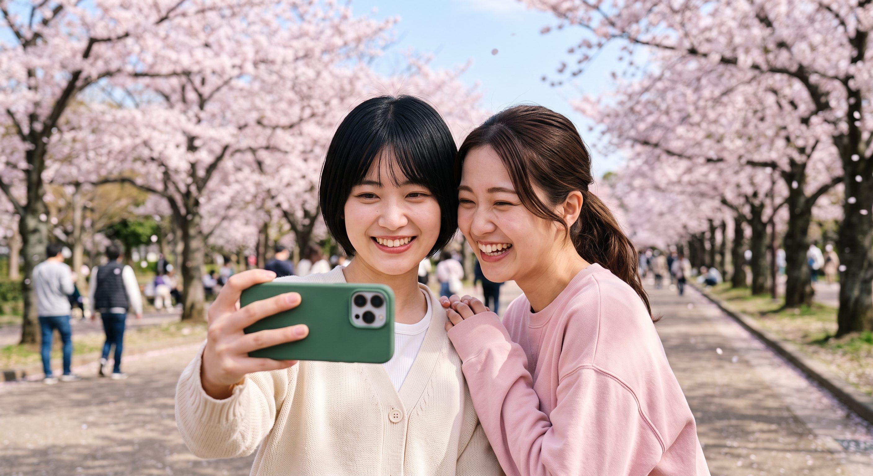 桜並木で友人と自撮りする様子